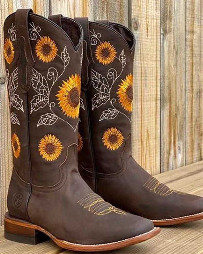 Street Wave Sunflower Embroidered Boots For Women Bold Boho Western Knee High Comfort Style