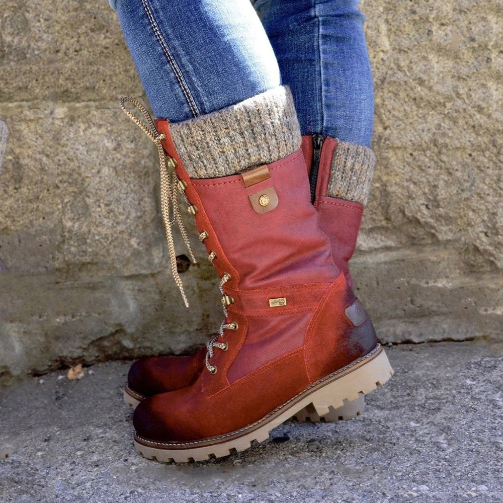 Street-Wave Knee High Combat Boots For Women Winter Ready With Rugged Sole And Cozy Knit Collar