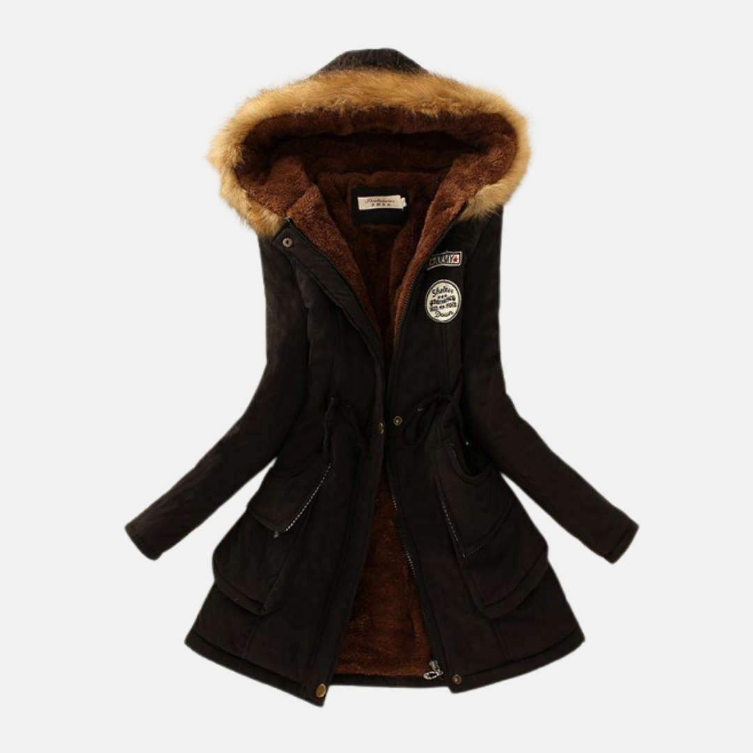 Women’s Parka Coat – Sherpa Lining – Faux Fur Hood – Drawstring Waist – Pockets