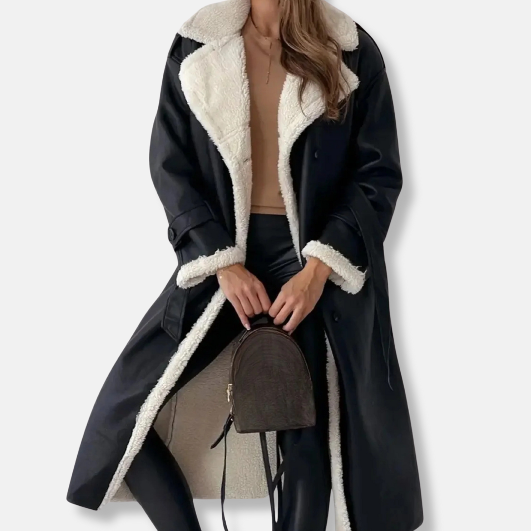 Street Wave Women's Long Double Breasted Coat Oversized Plush Collar Tie Belt
