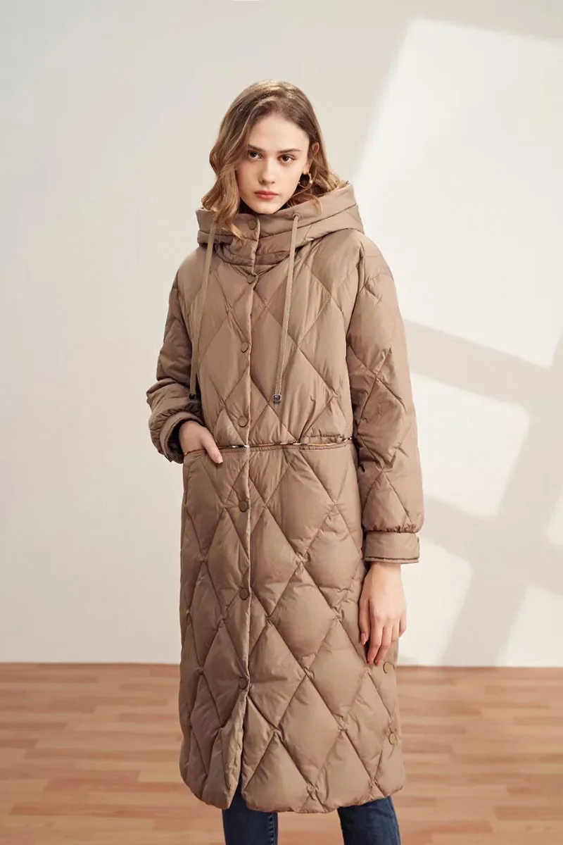 Street-wave Diamond Quilted Long Coat With Hood For Women Warm Winter Protection