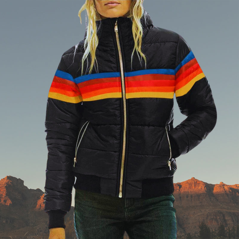 Street-wave Colorblock Striped Puffer Jacket For Women Waterproof Winter Warm Coat