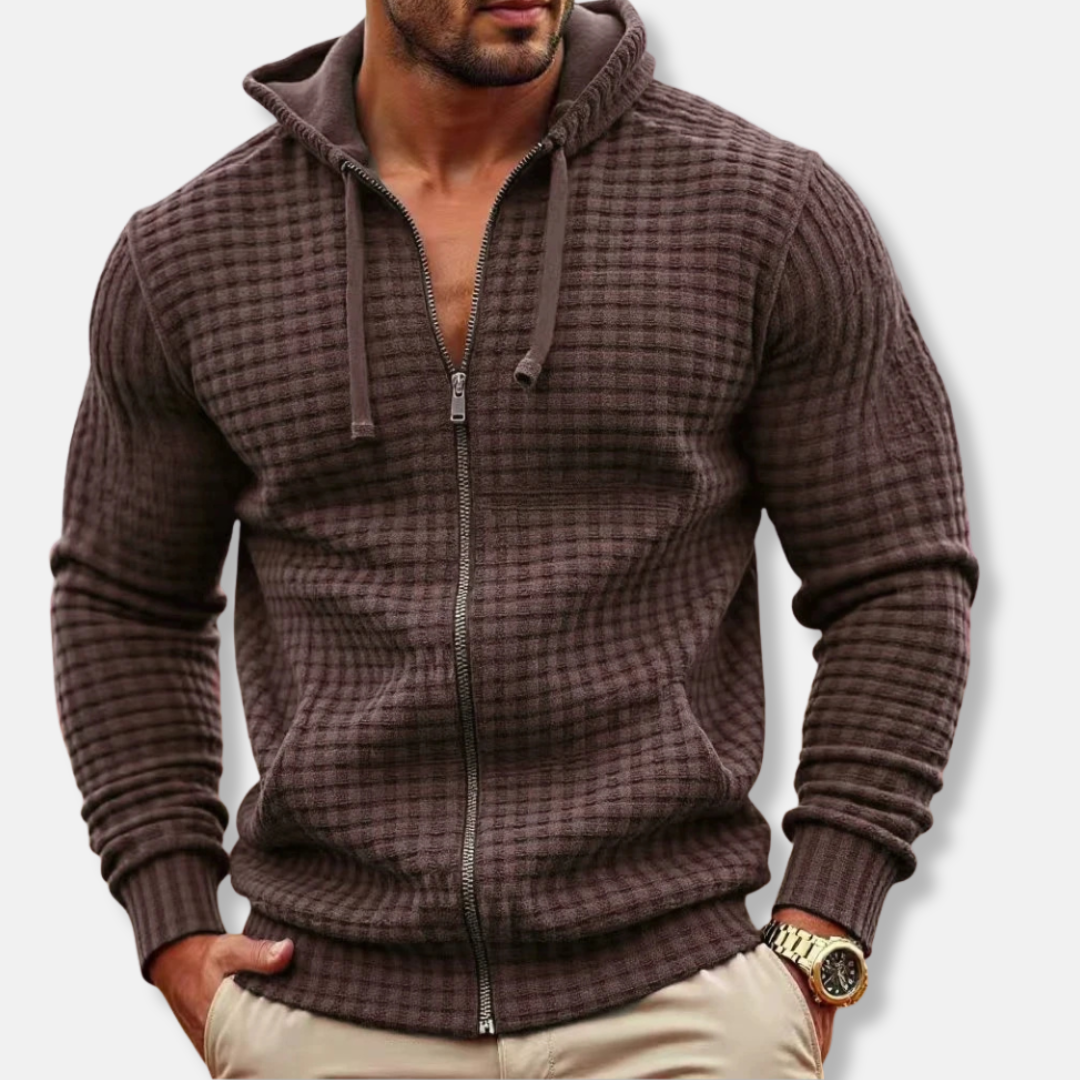 Men's Hooded Sweatshirt Zip Front Cotton Blend Regular Fit With Textured Grid Pattern For Everyday Style