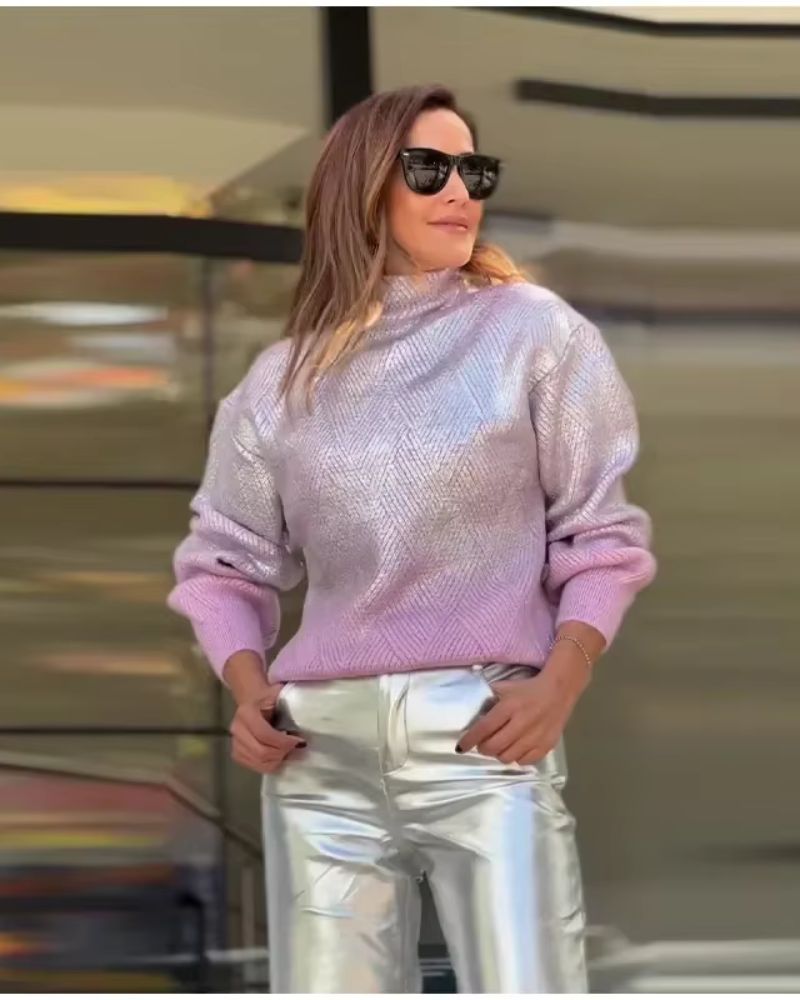 Street-wave Gradient Metallic Knit Pullover For Women Cozy Warmth With Shimmering Color Gradient