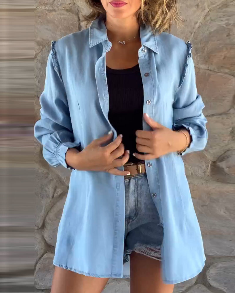 Street-wave Denim Shirt For Women Comfortable Relaxed Fit Longline Button Front Casual Everyday Wear