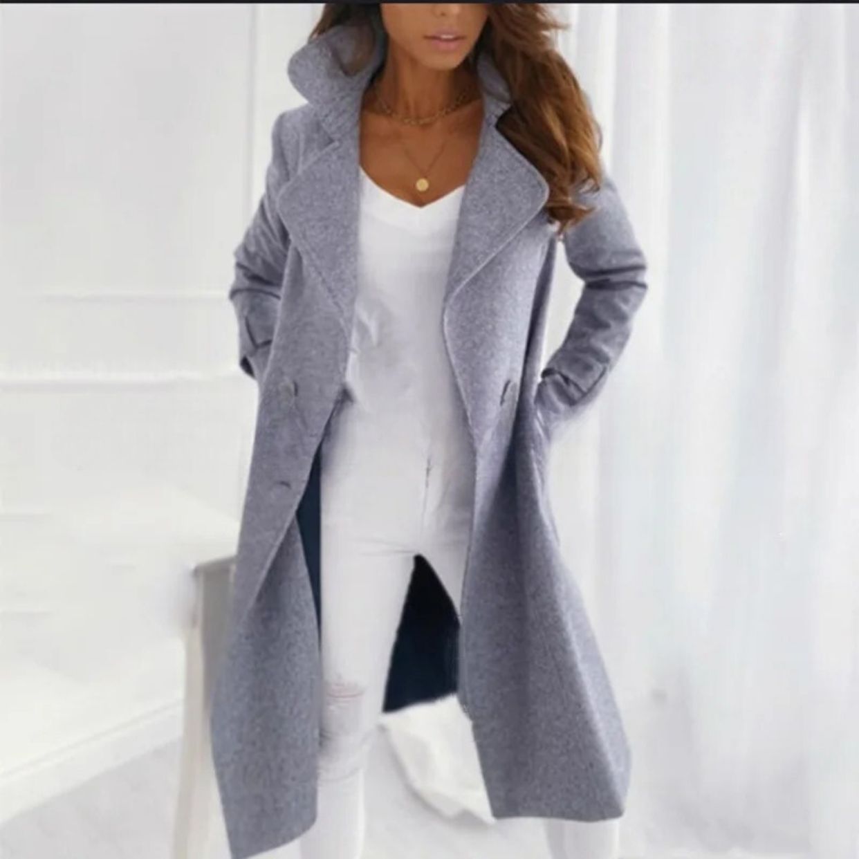 Street Wave Stylish Long Coat For Women With Turned Down Collar And Double Breasted Buttons