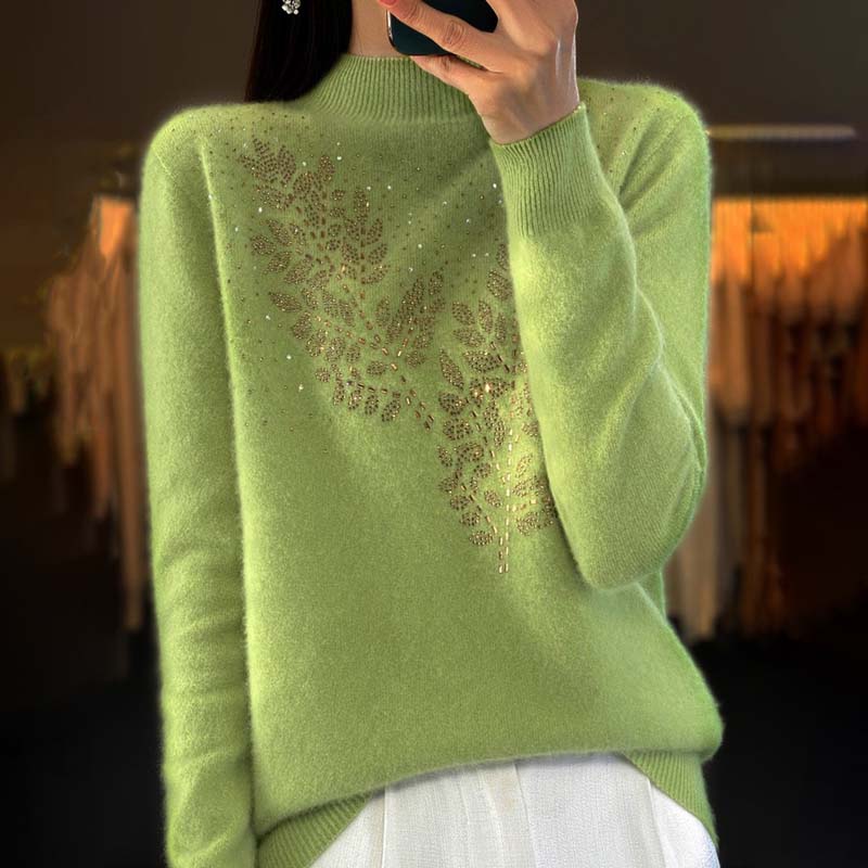Street-wave Jeweled Leaf Knit Sweater For Women Soft Cotton-Acrylic Blend Cozy Sparkling Accent