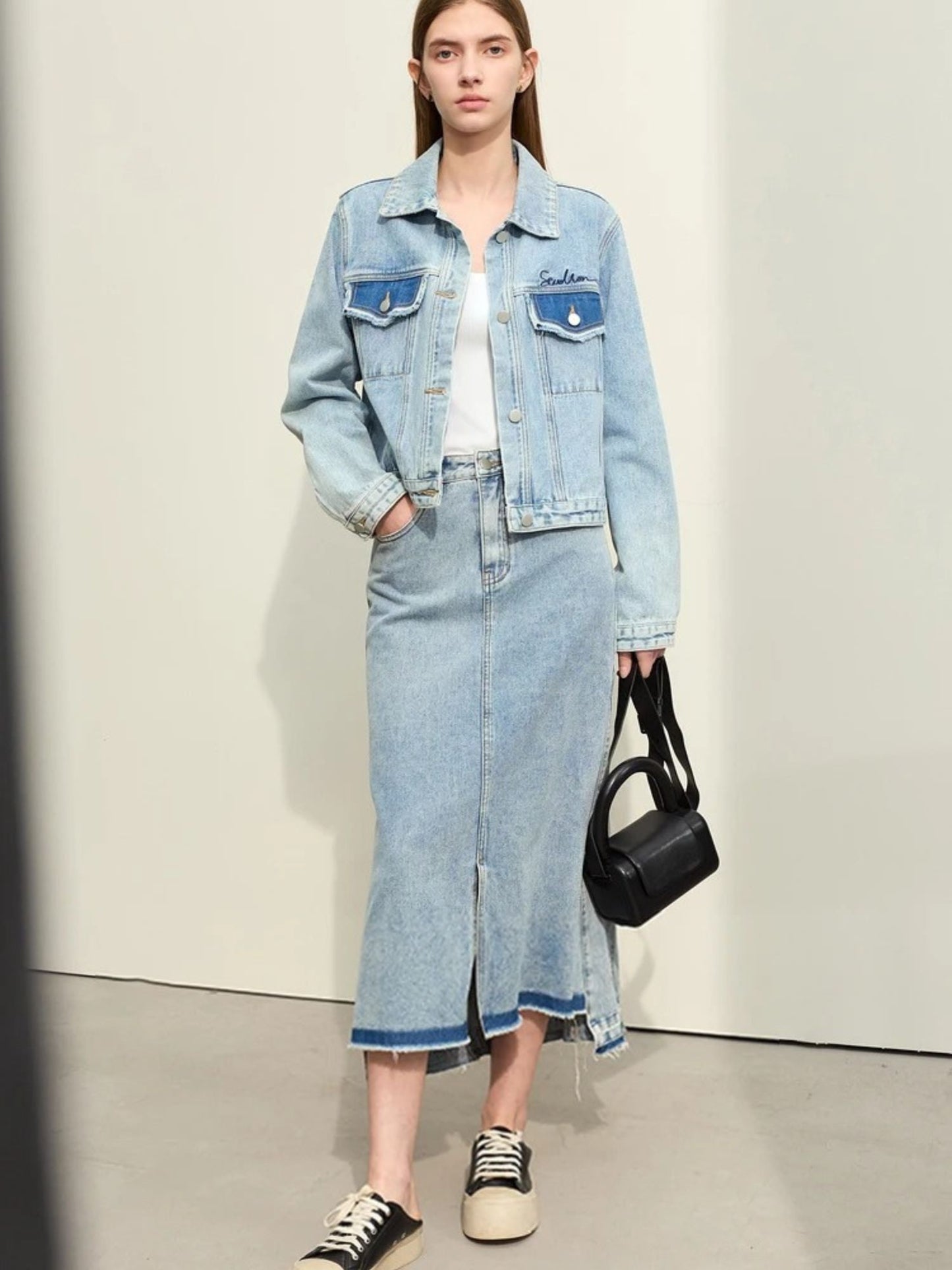 Street Wave Trendy A Line Denim Midi Skirt With Front Slit And Distressed Hem For Women