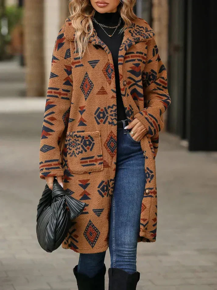 Street-wave Winter Coat for Women With Geometric Print, Warm Cozy Outerwear, Trendy Style