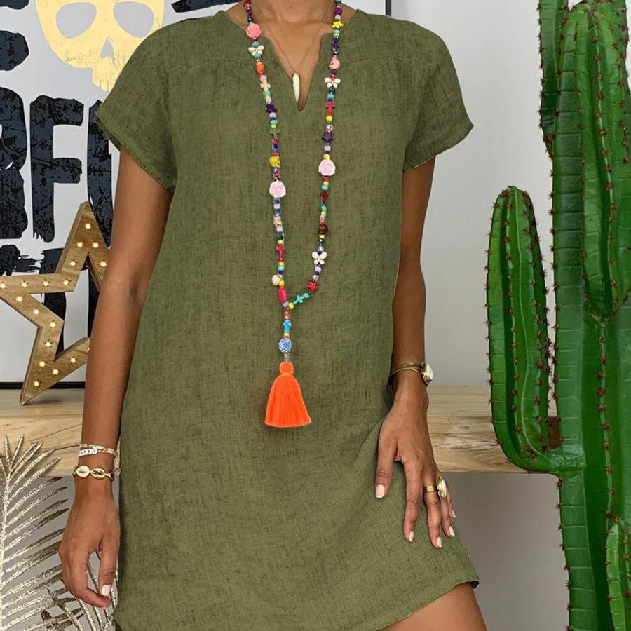 Street-Wave Women's Cotton Linen Sundress With V Neck Breathable Breezy Summer Wardrobe Essential