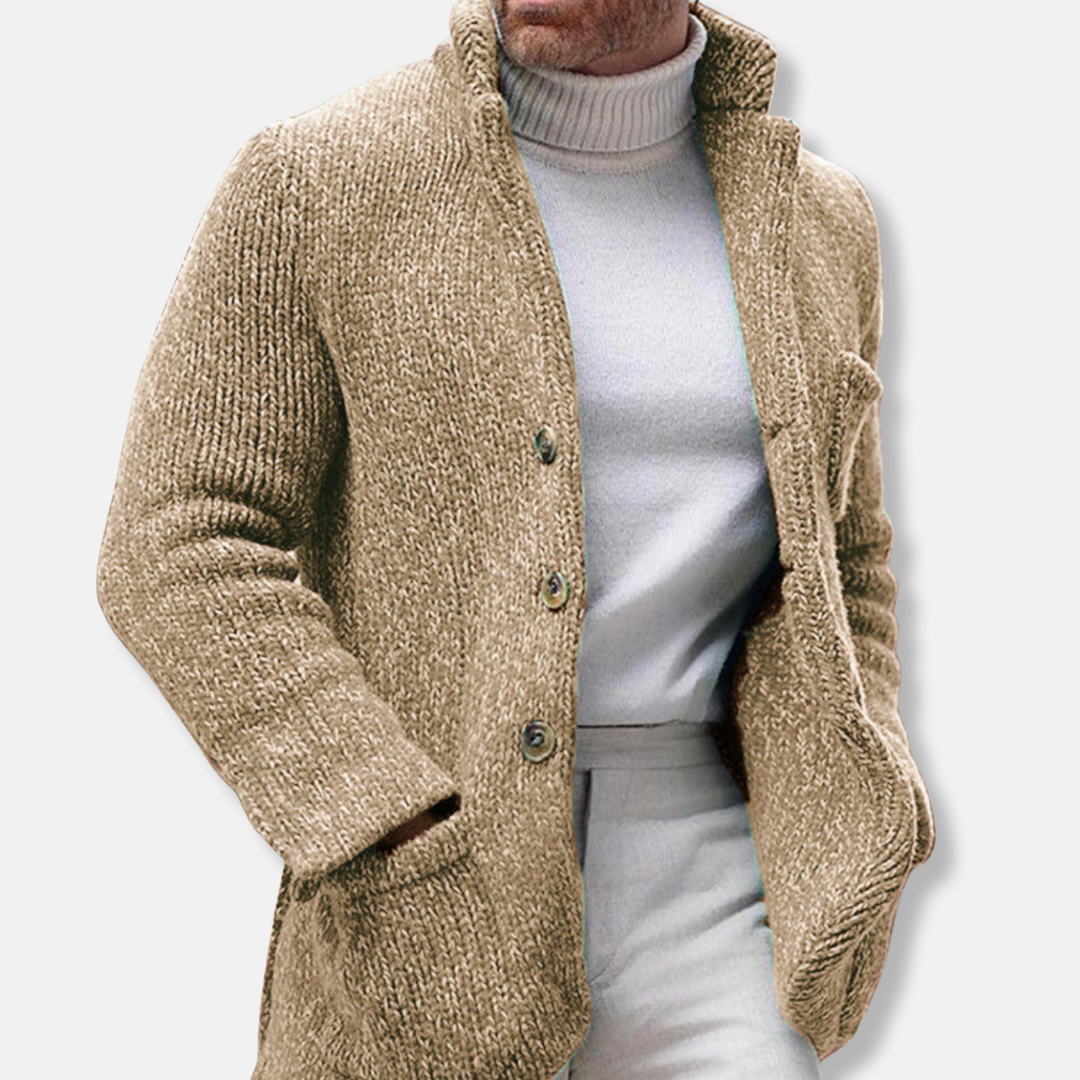 Men's Textured Knit Cardigan With Stand Collar Patch Pockets Street Wave For Men