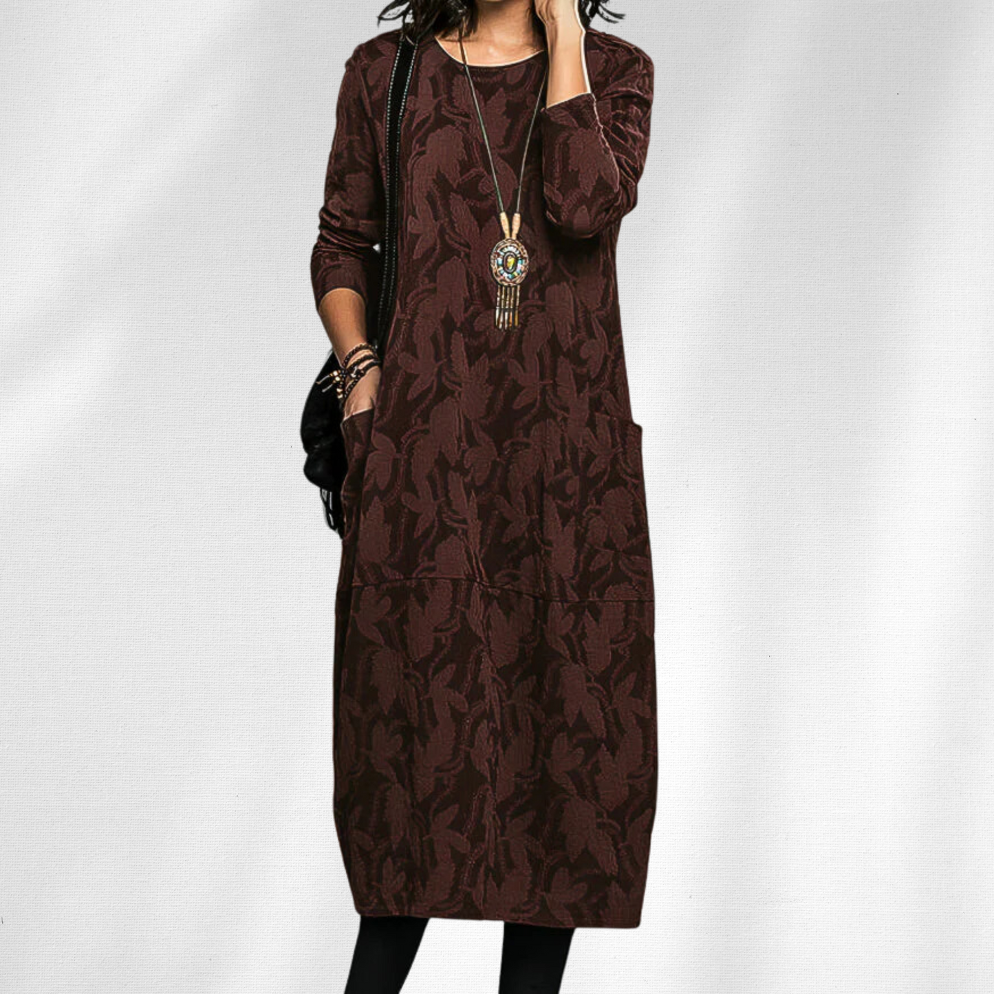 Women's Winter Dress with Crewneck and Long Sleeves