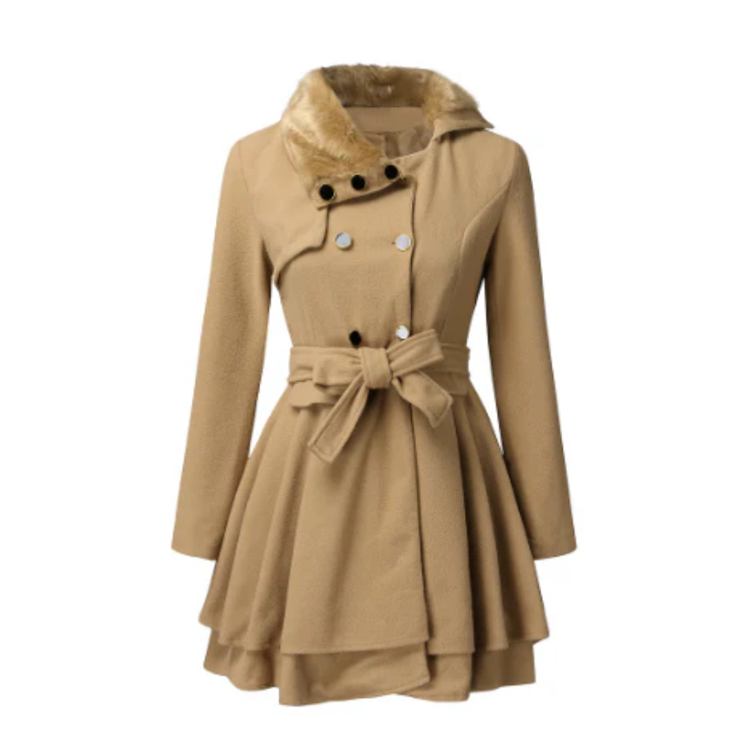 Street-wave Women Winter Coat Warm Insulated Double-Breasted Fur Collar Belted Trench