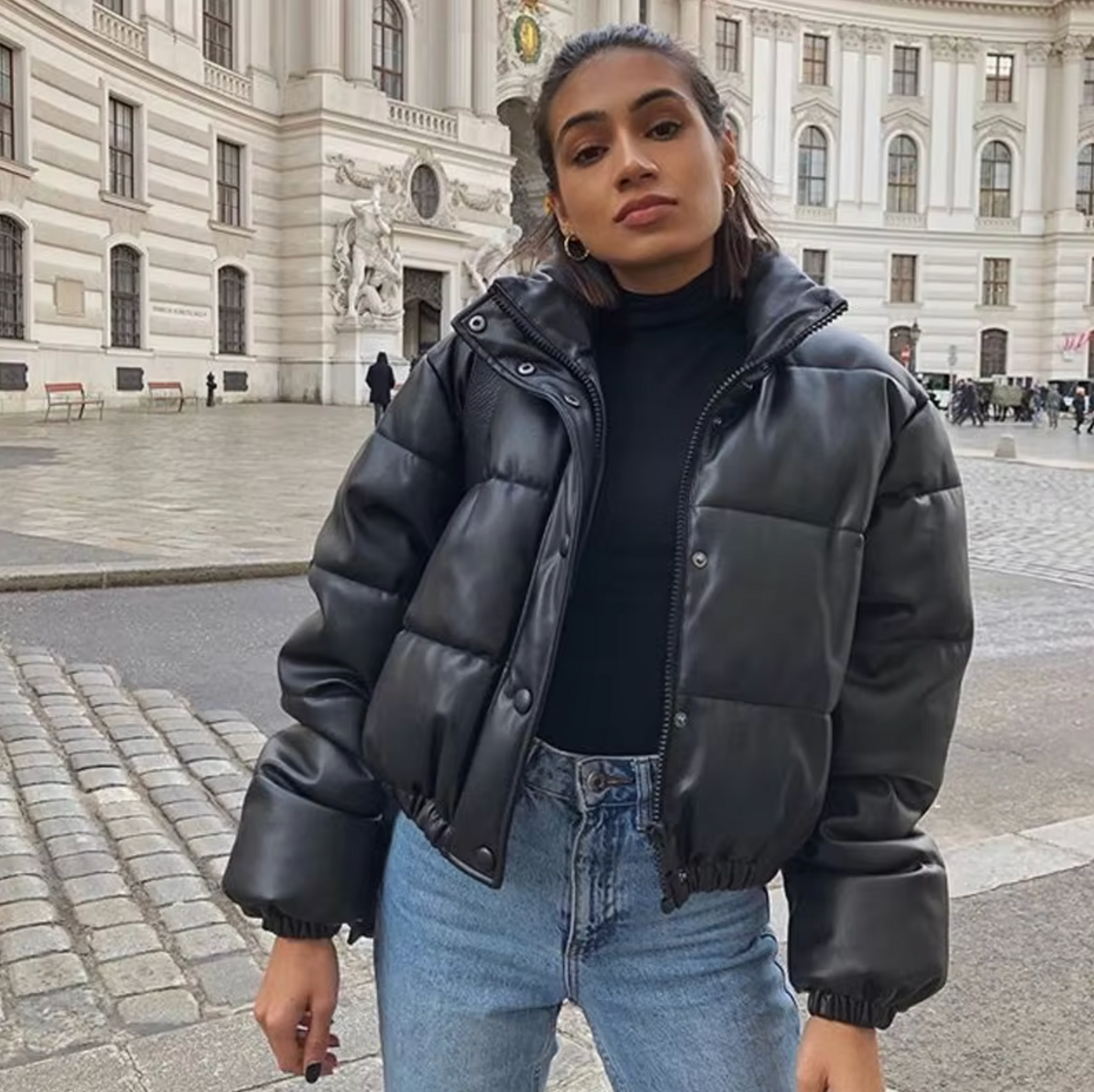 Street-wave Leather Look Puffer Jacket For Women Short Quilted Winter Coat Edgy Chic