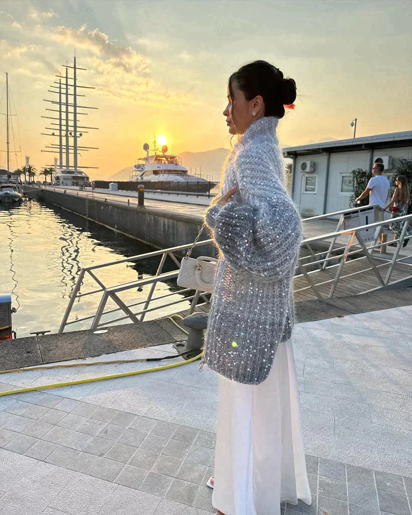Street-wave Silk Sequin Cardigan For Women Luxurious Warmth And Elegant Winter Essential
