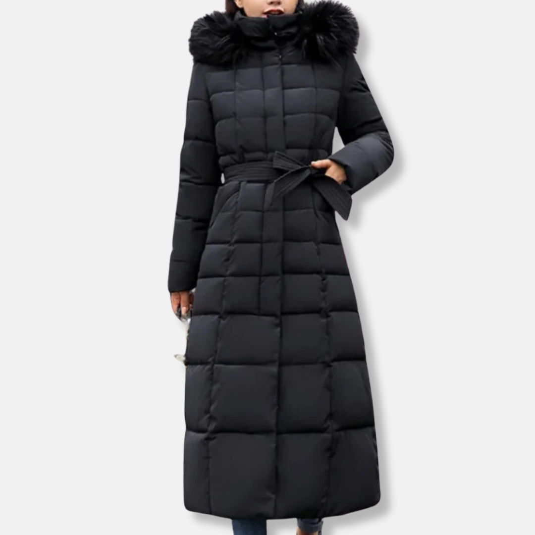 NordiskFlair Quilted Puffer Coat Women Belted Fur Hood