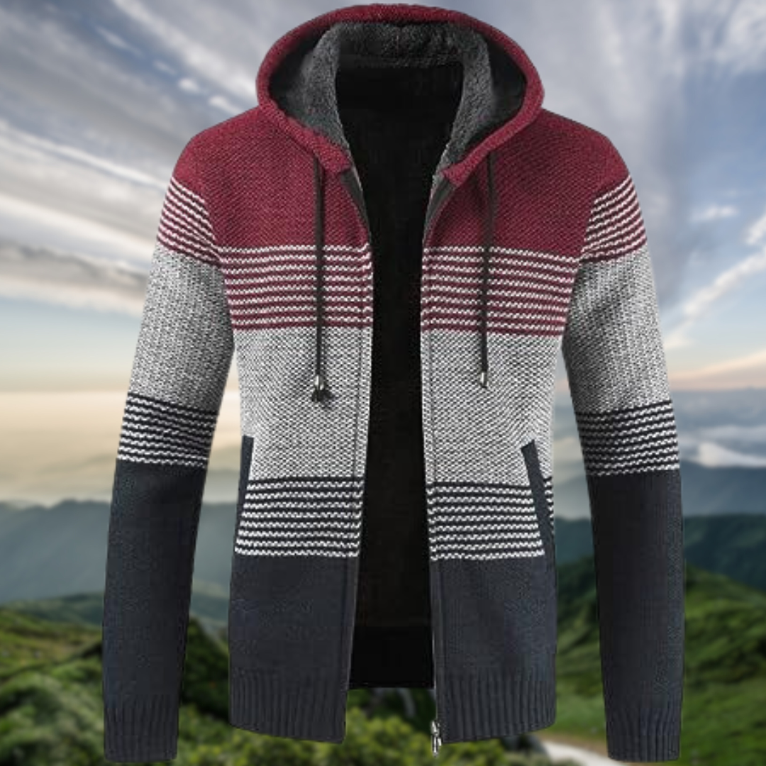 Street-Wave Hooded Striped Knit Winter Coat For Men With Cozy Lining And Pockets