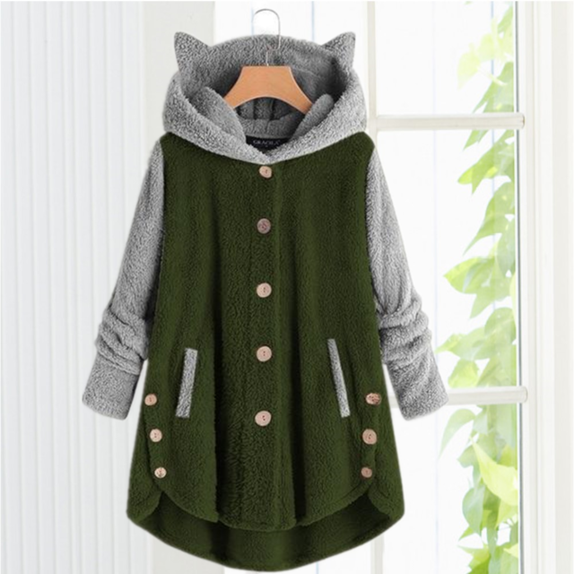 Street-wave Cat Ear Hooded Knit Cardigan For Girls Cozy Patchwork Fleece Warm Winter Wear