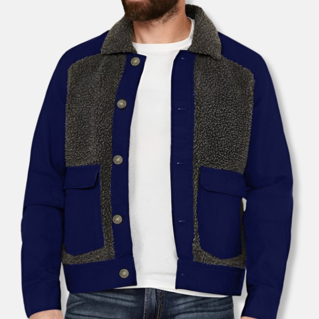 Men's Patchwork Sherpa Collar Coat Regular Fit Waist Length Button Up Closure Warm
