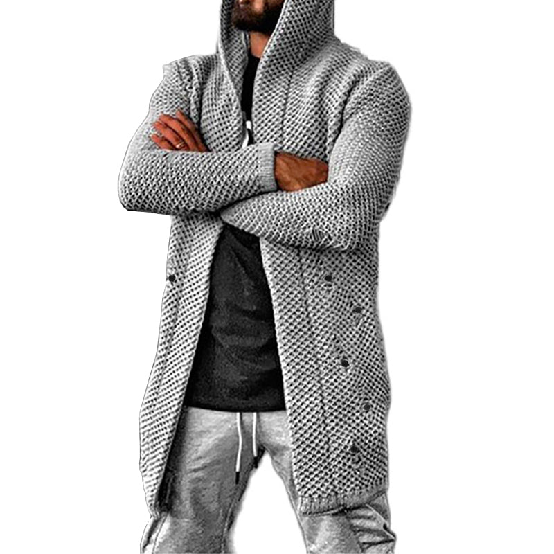 Street-wave Hooded Knitted Cardigan For Men Cozy Modern Everyday Layer With Structured Texture