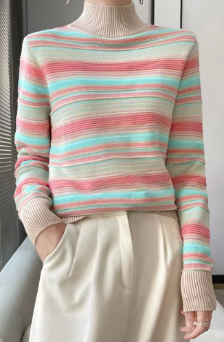 Streetwave Striped Knit Pullover With Mock Neck For Women Elegant Comfort And Fit