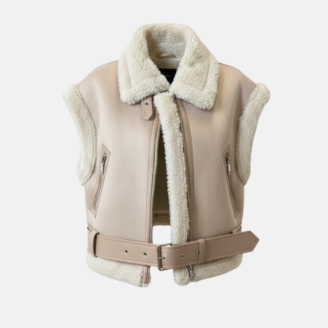 Street-Wave Women Faux Leather Vest Jacket Chic Notched Collar Belted Waist