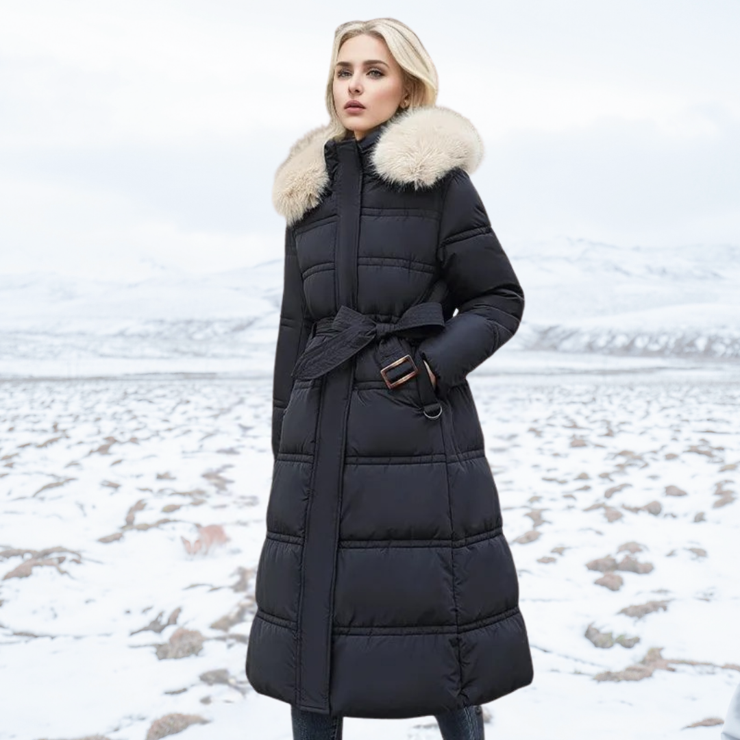 Street Wave Long Puffer Coat With Faux Fur Hood Belted Waist Warm Insulated For Women