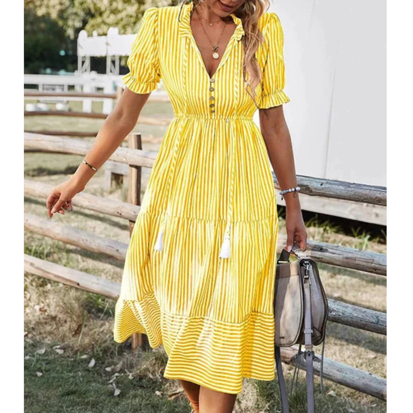 Street-Wave Striped Midi Dress For Women Flattering V-Neck