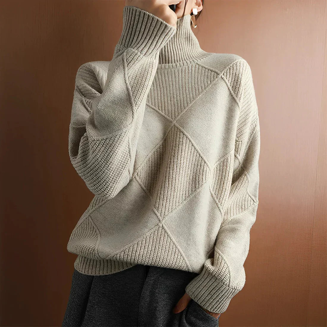Streetwave Valentina High Neck Pullover For Women Luxuriously Soft Cozy Argyle Diamond Knit Sweater
