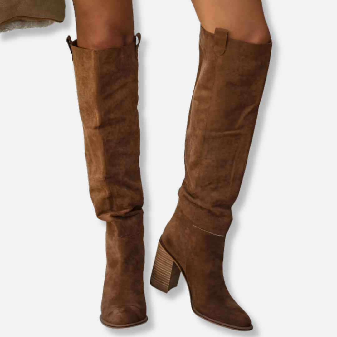 Street-Wave Knee-High Boots For Women Chic Suede-Like Textile With Pointed Toe And Chunky Block Heel