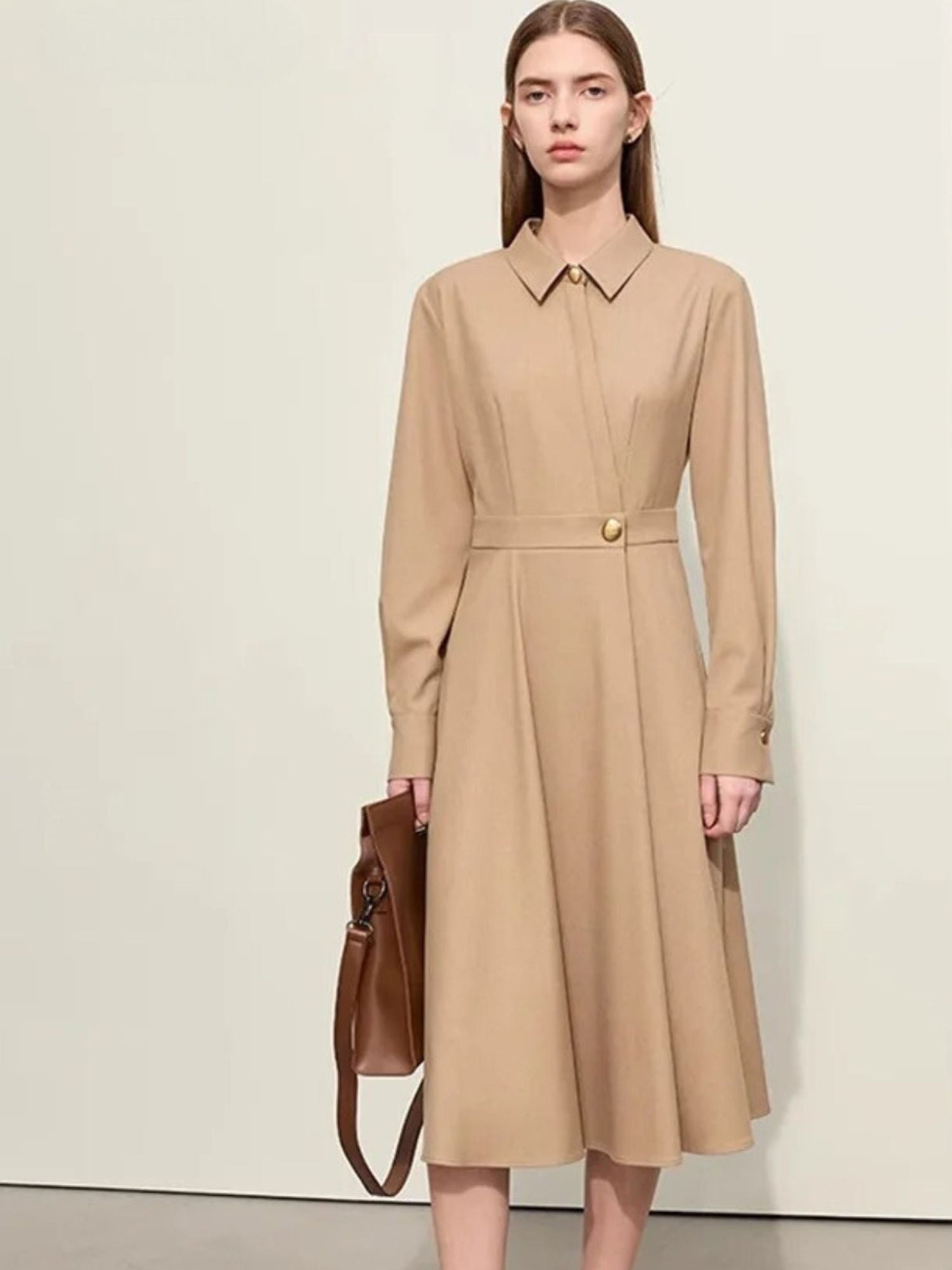 Street-Wave Elegant Calf-Length Dress With Asymmetric Cut And Metal Belt Buckle For Women