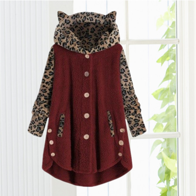 Street-wave Cozy Cat Ear Hooded Coat for Girls Leopard Print Sleeves Cotton Cashmere Blend Pockets