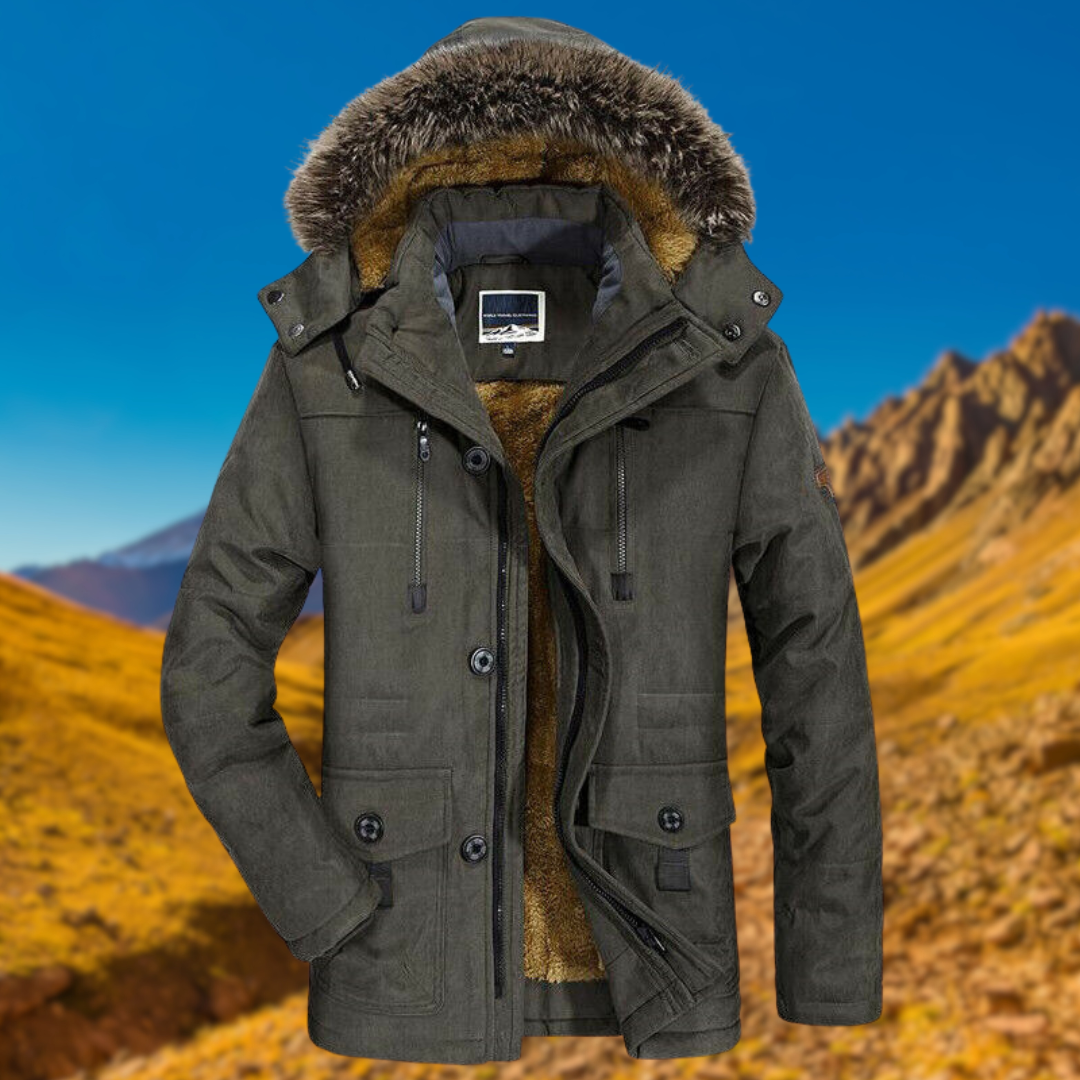 Street-wave Hooded Parka Jacket With Faux Fur Lining And Front Zipper Button Closure For Men