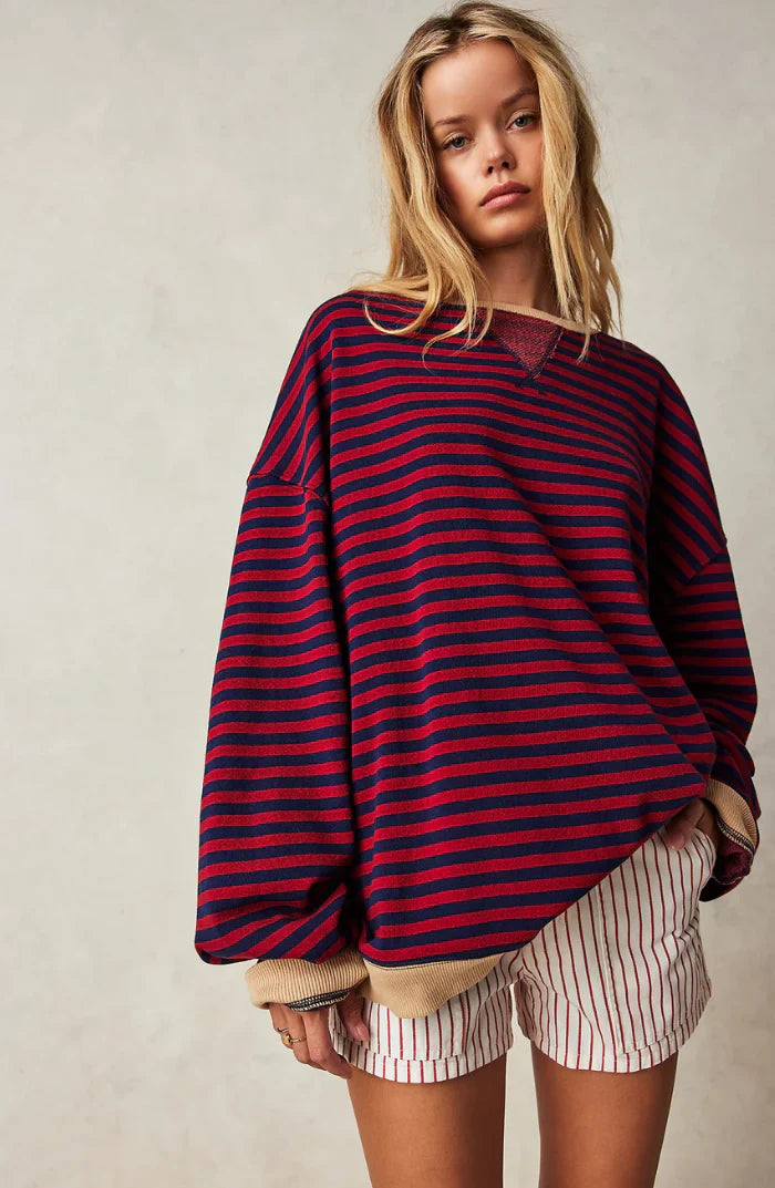 Street Wave Striped Crewneck Sweater For Women Cozy Soft Oversized Long Sleeve Knit