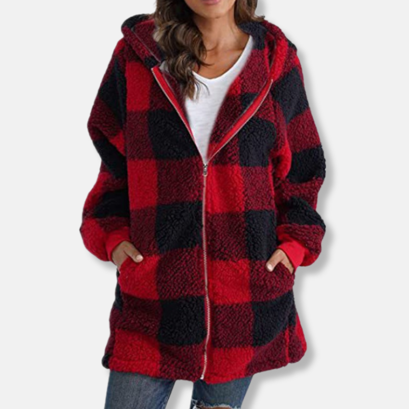 Street-Wave Women's Oversize Hoodie With Soft Knit Plaid Check Pattern Zip Hoodie