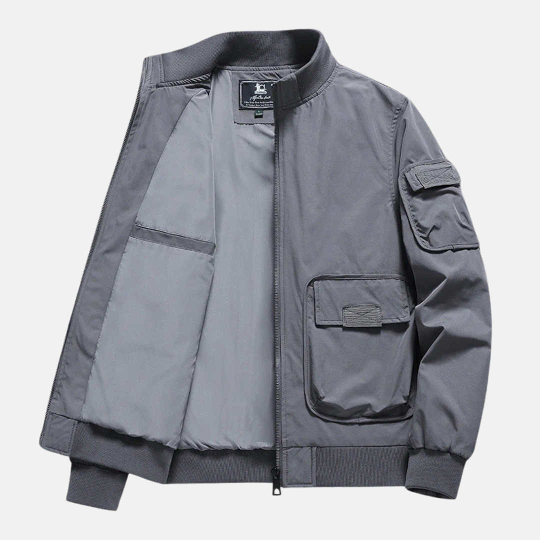 Men's Navy Bomber Jacket With Relaxed Fit, Wind-Resistant, Full Zip, Patch Pockets By Street-Wave