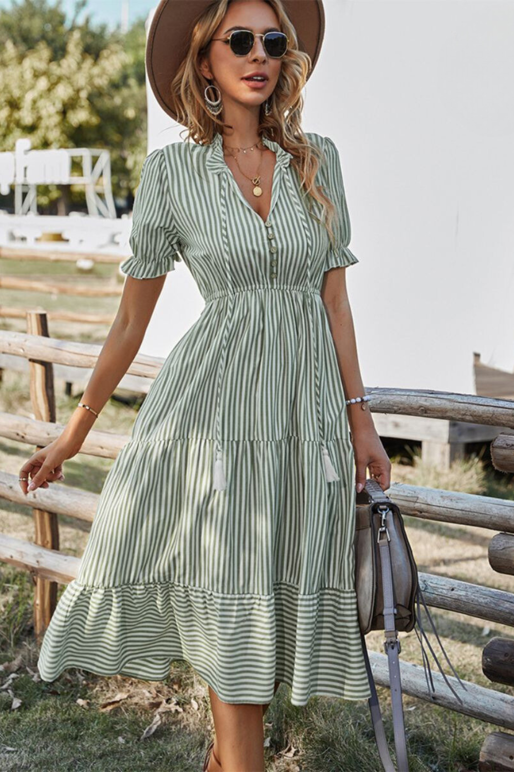 Streetwave Striped Midi Dress With Button Front And Tassel Vneckline For Women Breathable Summer Wear
