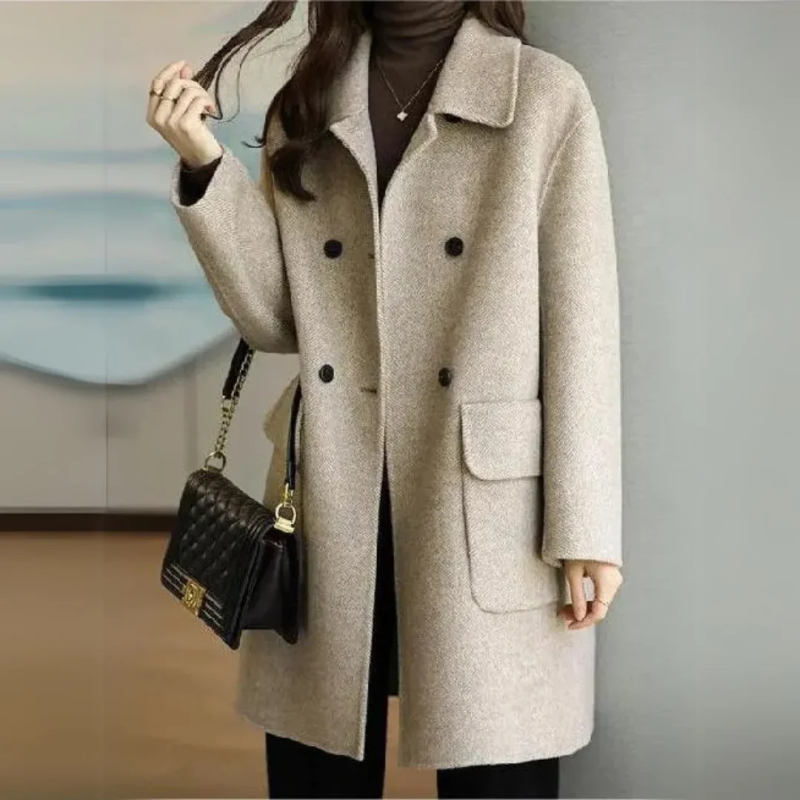Street-Wave Wool Coat for Women, Long Fit, Double-Breasted Button Closure, Warm Wool Blend