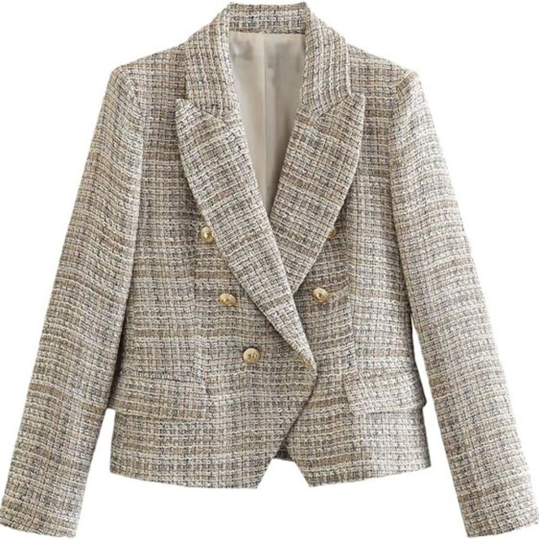 Tweed Blazer With Gold Button Details Uptun For Women Chic Tailored Jacket Perfect For Office