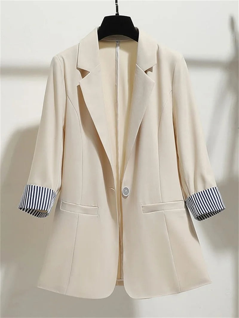 Street-wave Womens White Blazer With Three Quarter Sleeves And Striped Cuff Detail Minimalist Office Jacket