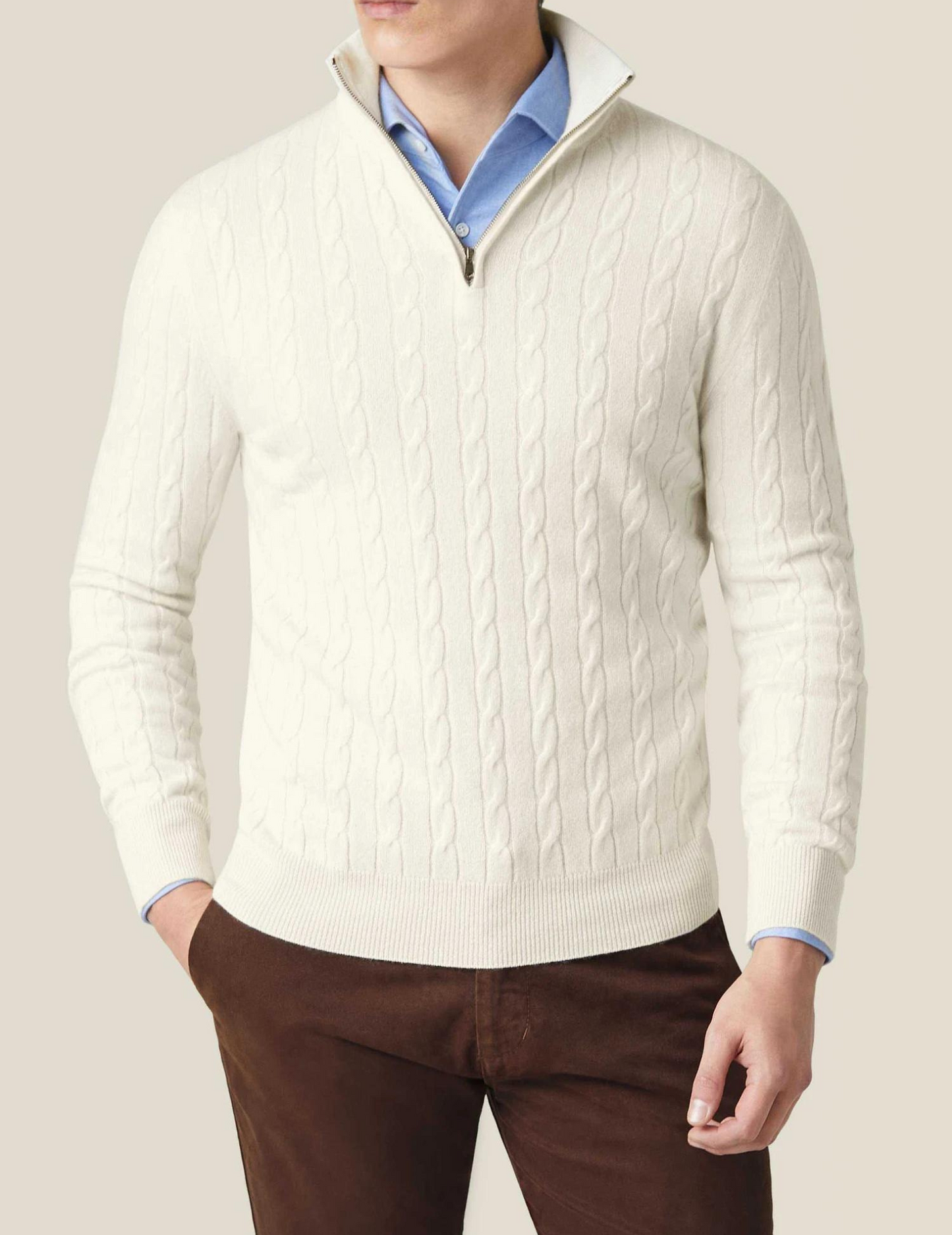Men's Cable Knit Wool Blend Sweater With Half Zip For Smart Casual Style And Everyday Comfort