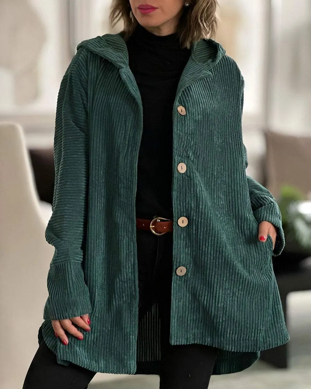 Street-wave Oversized Hoodie for Women With Corduroy Texture And Button Closure All Day Comfort