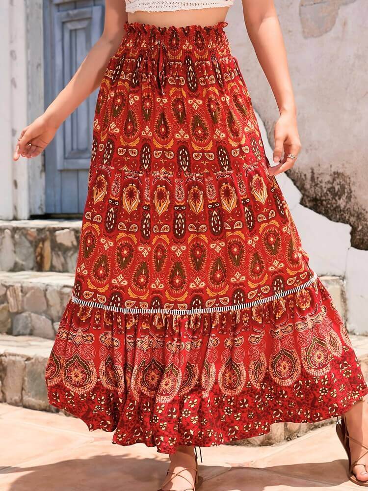Street Wave Maxi Skirt Red With Colorful Pattern For Women Boho Chic Long Bohemian Style