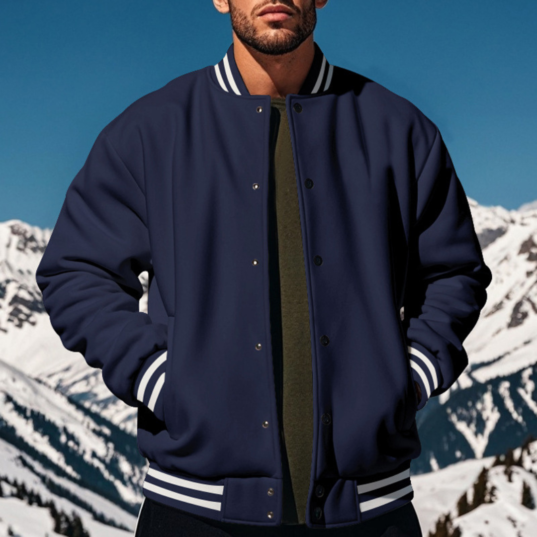 Men's Dense Smooth Fabric Bomber Jacket With Stand Collar And Snap Button Closure