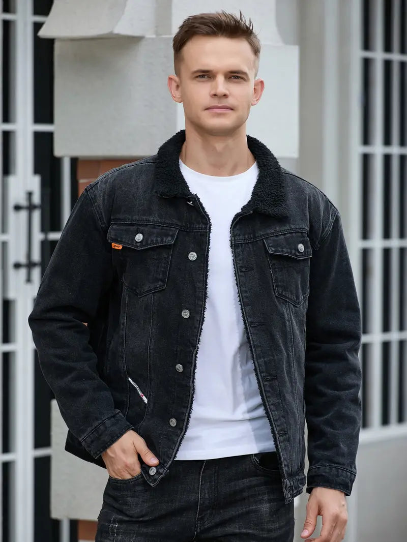 Street-wave Denim Jacket For Men With Faux Shearling Collar Timeless Casual Outerwear