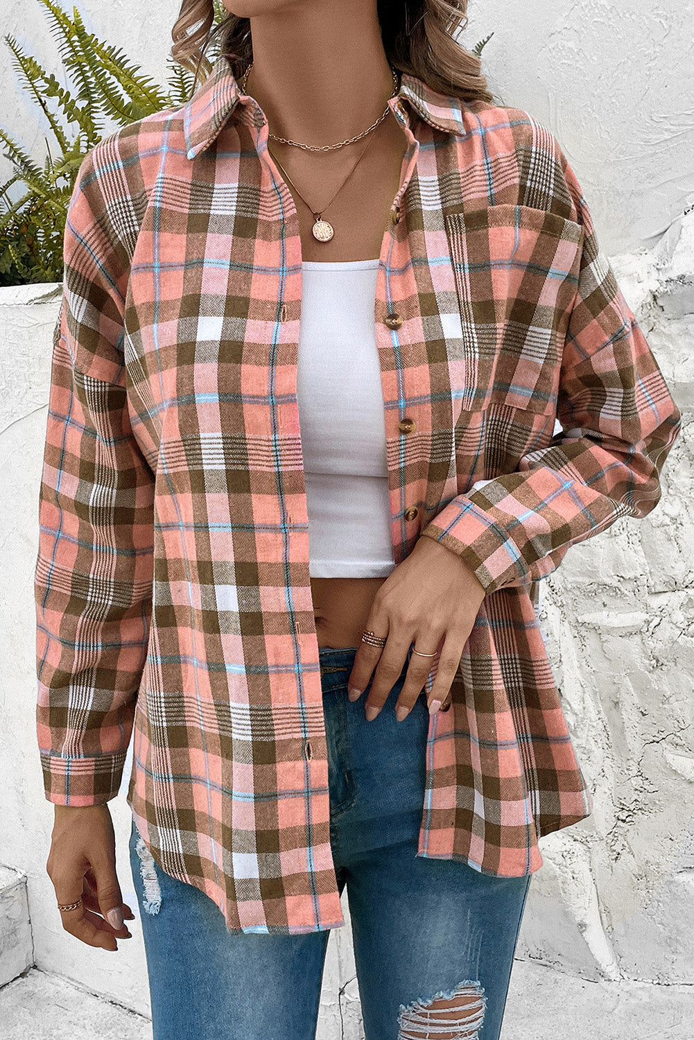 Street Wave Plaid Button Down Shirt With Collar For Women Long Sleeve Pockets Polyester Cotton Blend