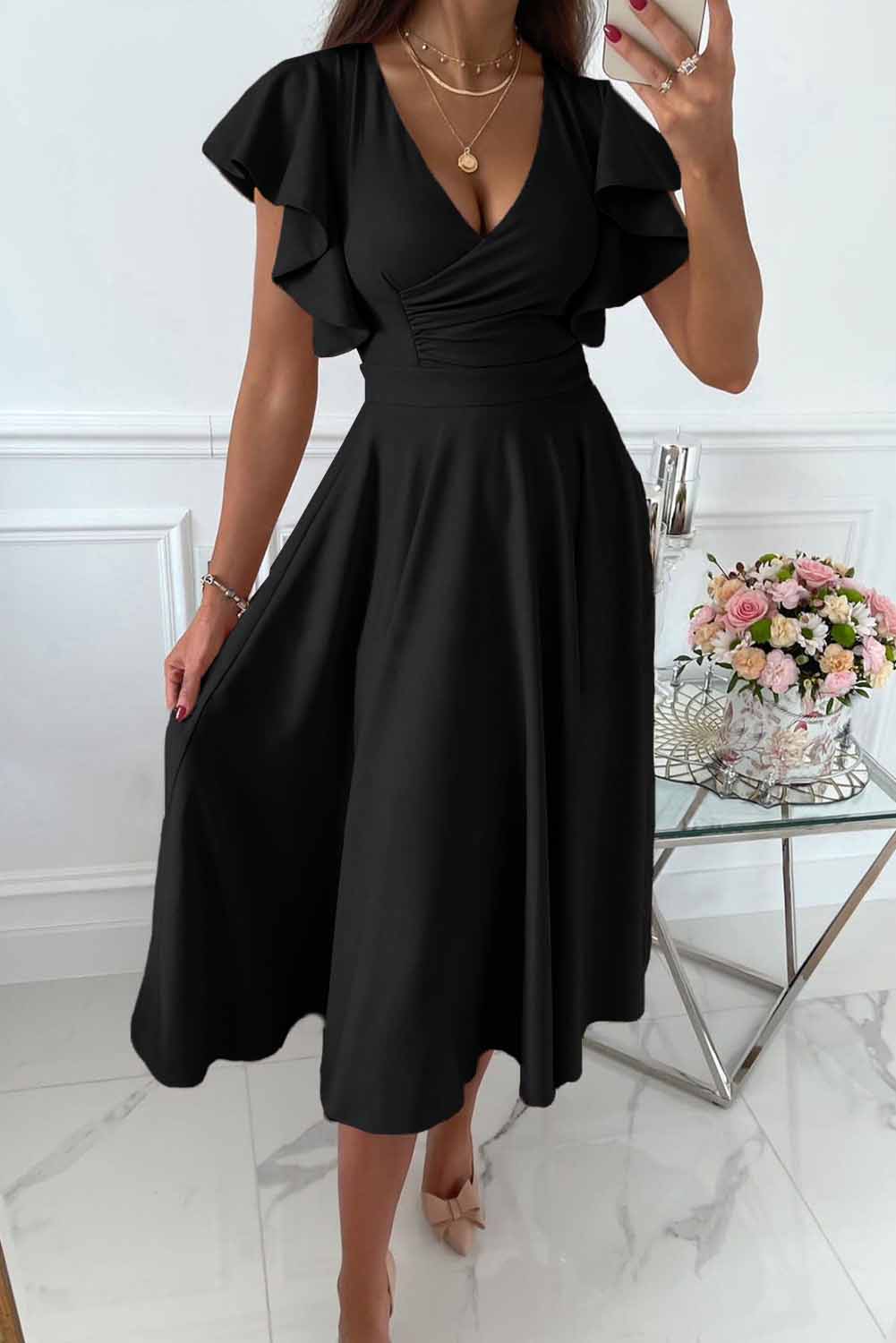 Street-Wave Women's Wrap Midi Dress With V Neck And Ruffle Sleeves