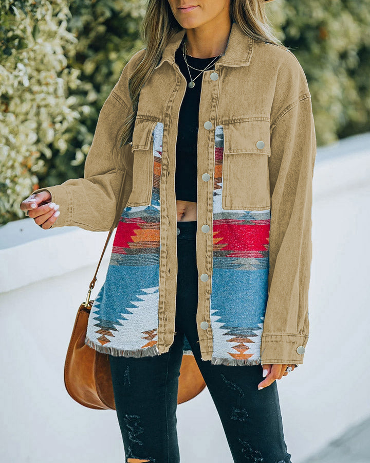 Street-wave Womens Oversized Jacket With Southwestern Knit Panels For Cozy Everyday Style