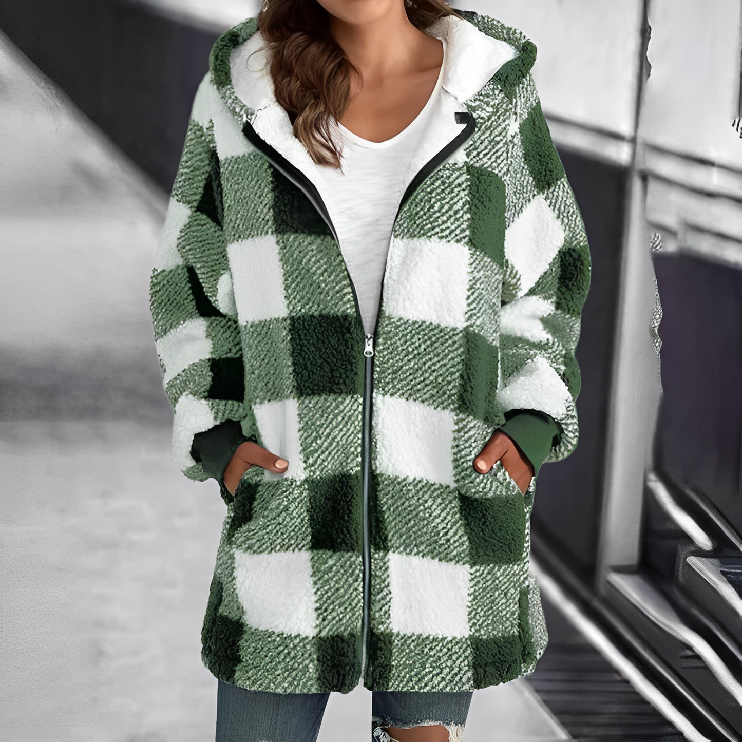 Street-wave Womens Cozy Plaid Fleece Zip Up Jacket For Warmth Breathable Comfort