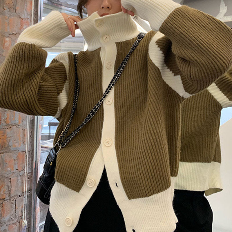 Streetwave Contrast Knit Cardigan Soft Warm For Women Modern Cozy Everyday Wear Essentials